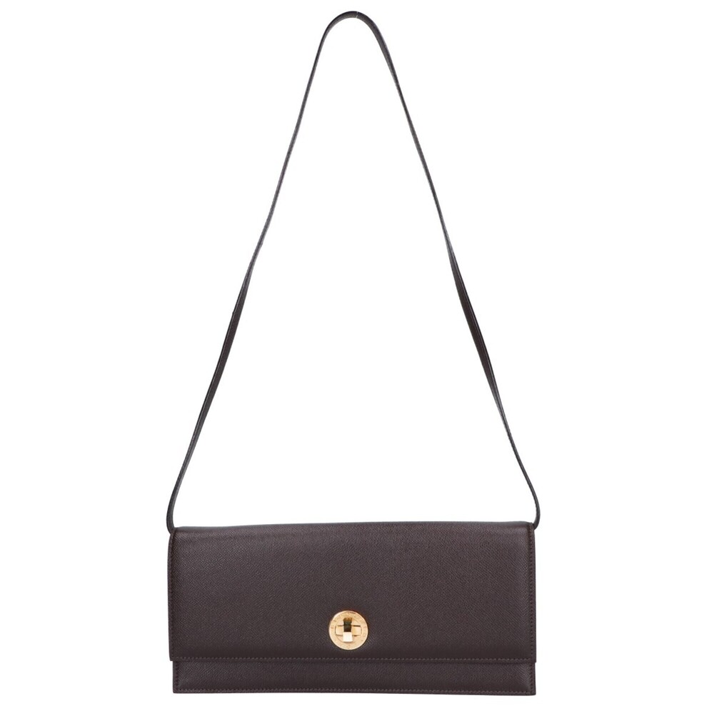 BVLGARI Bulgari Leather Turnlock Horizontal Shoulder Bag Dark Brown Women's
